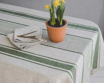 Striped linen tablecloth, French style tablecloth in various colors, Farmhouse washed linen tablecloth, Handmade vintage linen table cloth.