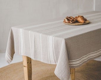 Französische Leinentischdecke, Bauernhaus-Leinendecke, Leinen-Esszimmerdekor, natürliche gestreifte Leinentischdecke, traditionelle Tischdecke.
