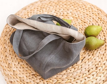 Grey linen bag, Small linen bag for women and men, Natural linen handbag, Softened linen lunch bag, Everyday use bag, Zero waste linen bag.