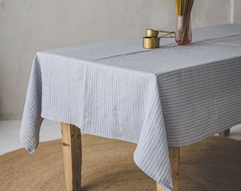 Grey linen tablecloth with black stripes. Handmade soft linen tablecloth, Striped natural linen tablecloth, Dining table decor, Table linen.