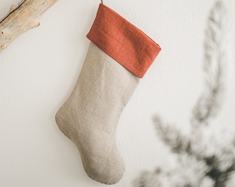 Linen Christmas stocking made from linen fabric leftovers, Zero-waste, minimalist Christmas stocking, Handcrafted custom linen stocking.
