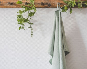 Frosty green linen tea towels, Handmade natural linen hand towels, Soft plain linen towel set, Linen guest towels, Sage green tea towels.