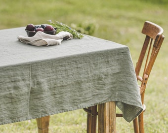 Linen tablecloth in gray green, Farm style tablecloth, Softened linen tablecloth, Custom linen tablecloth, Country style linen tablecloth.