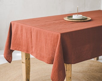 Burnt orange linen tablecloth, Handmade softened linen tablecloth, 100% natural linen fabric tablecloth, Dining table decor, Interior decor.