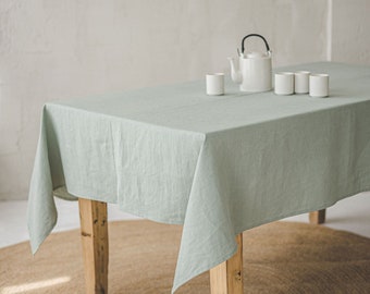 Frosty green linen tablecloth, Handmade natural linen tablecloth in sage green, Dining table decor, Table linens, Custom linen tablecloth.