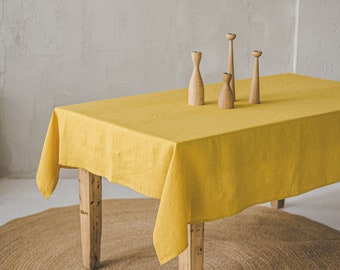 Yellow linen tablecloth, Handmade softened linen tablecloth, Dining room tablecloth, Natural organic linen tablecloth, Garden tablecloth.