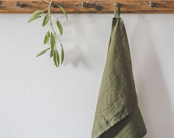 Forest green linen tea towels, Linen hand towels, Handmade natural linen towels, Linen kitchen towels set, High-quality linen towels.