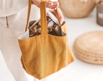 Small linen bag, Natural linen handbag, Camel linen bag, Zero waste linen bag, Eco friendly bag, Softened linen bag, Casual summer handbag.