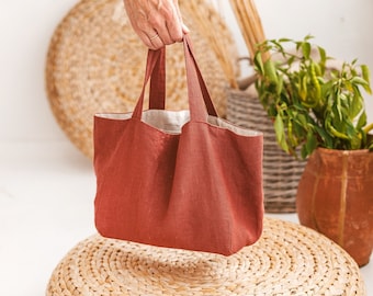 Terracotta linen bag, Handmade linen bag, Sustainable linen bag for everyday use, Eco friendly linen bag, Natural linen handbag, Mini tote.
