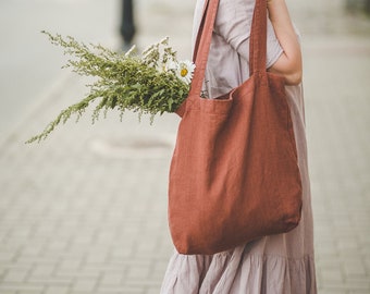 Terracotta linen bag, Handmade tote bag for women and men, Casual tote bag for everyday use, Natural linen summer bag, Eco friendly tote.