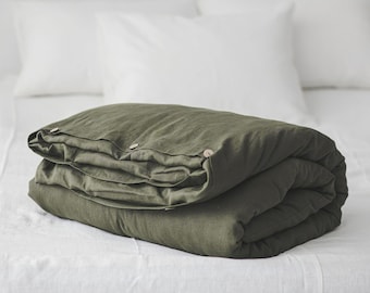 Forest green linen duvet cover with coconut buttons, Natural softened medium weight linen duvet cover, King, Queen, Twin linen bedding.
