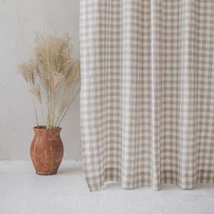 White/natural checkered linen curtain for rustic charm, Handmade natural softened linen curtain panel, Custom length rod pocket curtain.