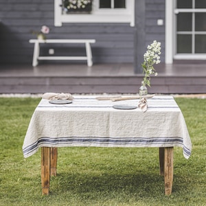 Striped linen tablecloth, French style linen tablecloth, Washed heavyweight linen tablecloth, Vintage linen tablecloth in various colors.