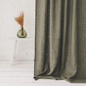 Forest green linen curtain, Softened medium weight linen curtain, Custom length natural linen curtain panel, Handmade window treatments.