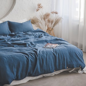 Cornflower blue linen duvet cover with coconut buttons, Natural soft linen bedding, Sustainable bedroom essentials, Linen quilt cover.