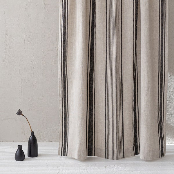 French style linen curtain with black stripes, Natural heavyweight linen curtain, Farmhouse linen curtain with stripes, Custom curtain.