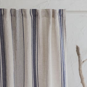 Farmhouse style French linen curtain with blue stripes and multifunctional heading tape – striped window treatment for any room in home.