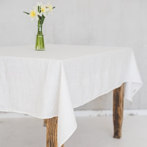 Jacquard linen tablecloth, Handmade white linen tablecloth, Washed softened linen tablecloth, Custom rectangular dining linen tablecloth.
