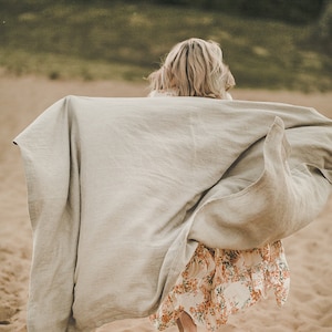 Natural linen beach blanket, Undyed linen summer blanket, Linen picnic blanket, Natural throw blanket, Camping linen blanket, Linen plaid.