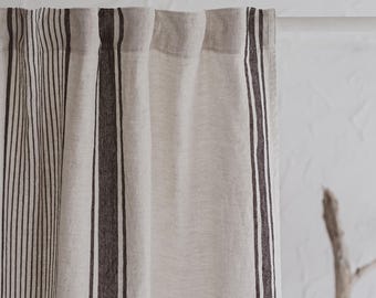 Farmhouse style French linen curtain with black stripes and multifunctional heading tape – striped linen drapery for any room in the house.