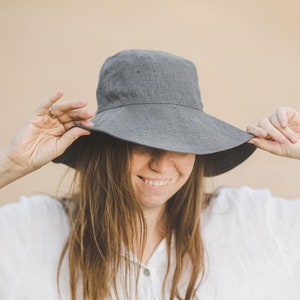 Charcoal Gray Linen Sun Hat – Soft, Lightweight, Airy, Natural Flax Linen Bucket Hat for Men & Women, Foldable Summer Hat for Travel, Beach.