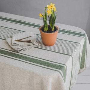 Striped linen tablecloth, French style tablecloth in various colors, Farmhouse washed linen tablecloth, Handmade vintage linen table cloth.