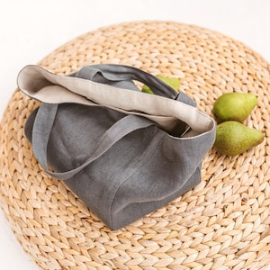 Sac en lin gris, petit sac en lin pour femme et homme, sac à main en lin naturel, sac à lunch en lin ramolli, sac à usage quotidien, sac en lin zéro déchet.