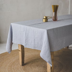 White linen tablecloth with black stripes, Handmade natural linen tablecloth, Rectangle, square tablecloth, Linen tablecloth for home decor. image 6