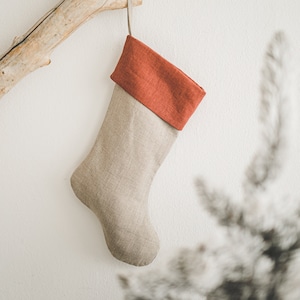 Linen Christmas stocking made from linen fabric leftovers, Zero-waste, minimalist Christmas stocking, Handcrafted custom linen stocking.