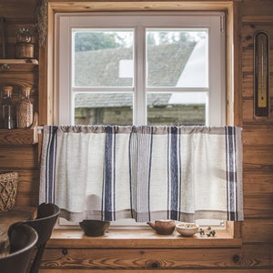 French Style Linen Café Curtain - Rustic Kitchen Window Treatment with Striped Design - Natural Linen Curtain for Cozy, Farmhouse Decor.