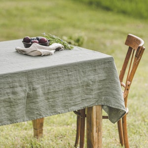 Linen tablecloth in gray green, Farm style tablecloth, Softened linen tablecloth, Custom linen tablecloth, Country style linen tablecloth. image 1