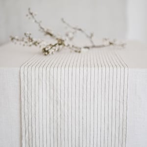 White linen table runner with black stripes, Handmade softened linen table runner, White wedding table runner, Table linens, Table decor.