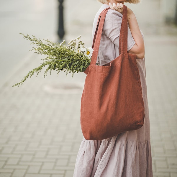 Terracotta linen bag, Handmade tote bag for women and men, Casual tote bag for everyday use, Natural linen summer bag, Eco friendly tote.