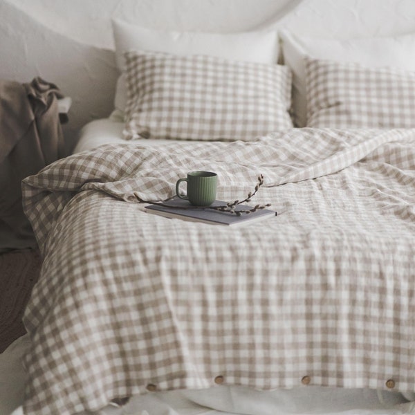 Cozy Checkered Linen Duvet Cover - Vintage Farmhouse Style Bedding for Rustic Charm,  King, Queen Bedding with Coconut Buttons.