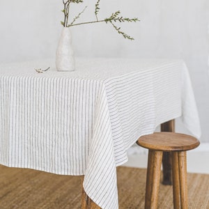 White linen tablecloth with black stripes, Handmade natural linen tablecloth, Rectangle, square tablecloth, Linen tablecloth for home decor. image 1