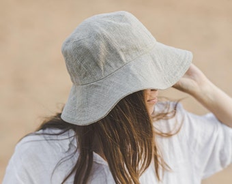 Natural Linen Summer Hat - Lightweight, Breathable & Packable | Handmade Sun Hat for, Linen Bucket Hat, Breathable Linen Summer Beach Hat.