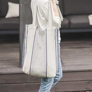 French style linen tote bag, Linen summer bag, Striped linen bag in various colors, Custom linen bag, Natural linen bag for women and men. Blue stripes