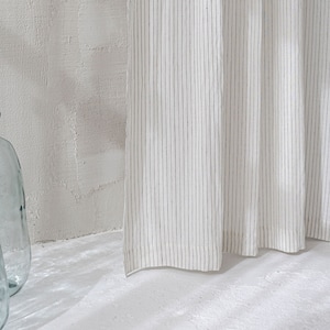 White linen curtain with black stripes, Rod pocket linen curtain panel, Striped linen window treatments, Eco-friendly linen curtain.
