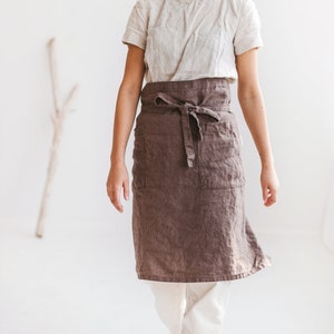 Linen half apron for women and men, Natural apron with pockets, Half apron for summer grilling season, Handmade linen apron, Barista apron. image 1