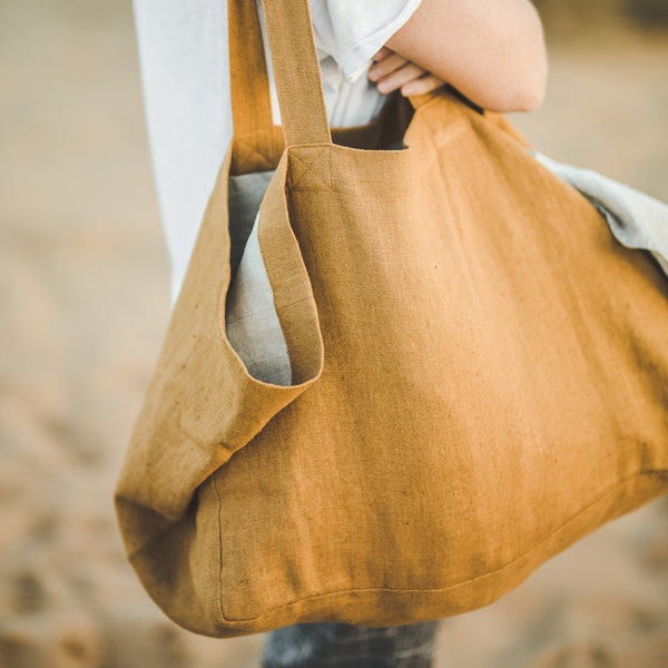 Camel linen beach bag, Natural summer bag, Oversized beach bag with pockets, Large linen tote bag, Reusable linen bag, Linen holiday bag.