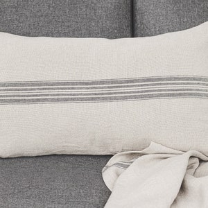 Funda de almohada lumbar de lino rústico, Funda de cojín de lino suave, Funda de almohada rústica, Funda de almohada larga de lino natural, Funda de almohada lumbar a rayas.