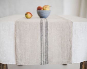 Rustic linen table runner, Natural linen table runner with black stripe, Handmade softened linen table runner, Farmhouse linen table runner.