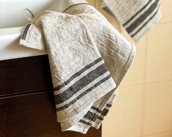 Linen hand towels - set of 2, French style linen towels, Striped tea towels, Thick linen towels, Vintage linen towels, Rustic linen towels.