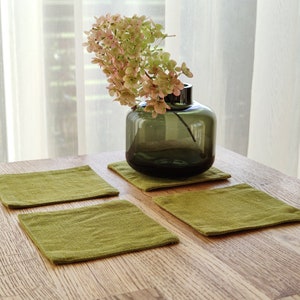 Natural linen coasters in olive green, terracotta and ocean colors, Double layer linen coasters, Washed linen coasters, Handmade coasters.