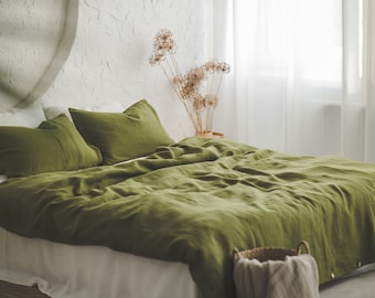 Housse de couette en lin vert mousse, très grand lit king-size, housse de couette en lin 100 % naturel, housse de couette en lin doux faite main, disponible en différentes couleurs.