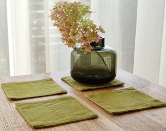 Natural linen coasters in olive green, terracotta and ocean colors, Double layer linen coasters, Washed linen coasters, Handmade coasters.