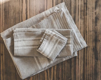 French style linen bath towels, Striped linen towels set, Various size thick linen towels, Rustic bathroom towels, Sauna linen towels.