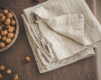 Natural linen napkins, Washed heavyweight linen napkins in various colors, Dining table napkins, Rustic linen napkins with mitered corners.