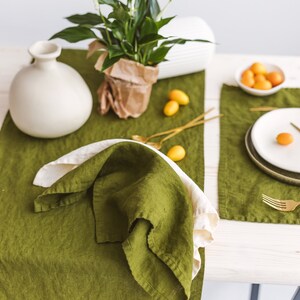 Linen table runner in moss green, Washed softened linen table runner, Handmade table runner, Natural linen table decor, Dining table runner. image 2