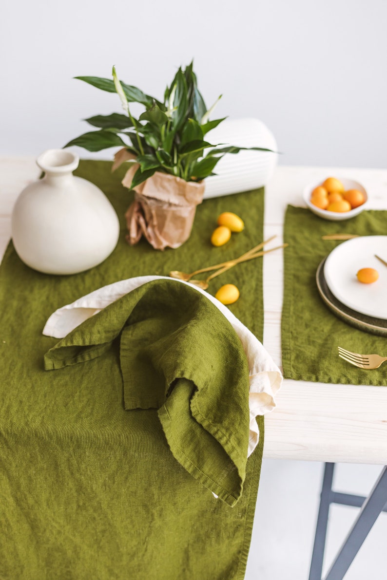 Linen table runner in moss green, Washed softened linen table runner, Handmade table runner, Natural linen table decor, Dining table runner. image 2